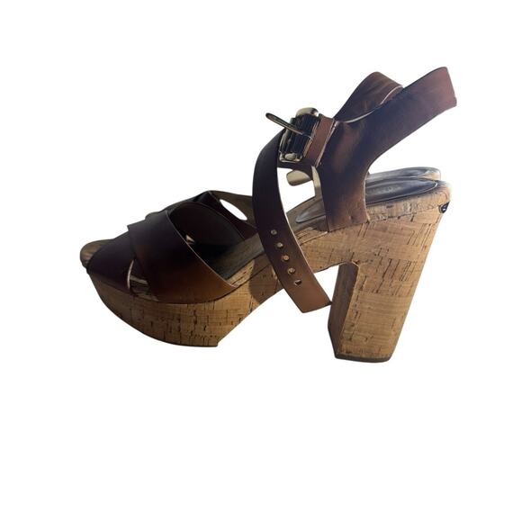 Michael Kors Walnut Natalia 8.5 Leather Platform Sandal Brown Cork 4.5 Inch Heel - Picture 8 of 10